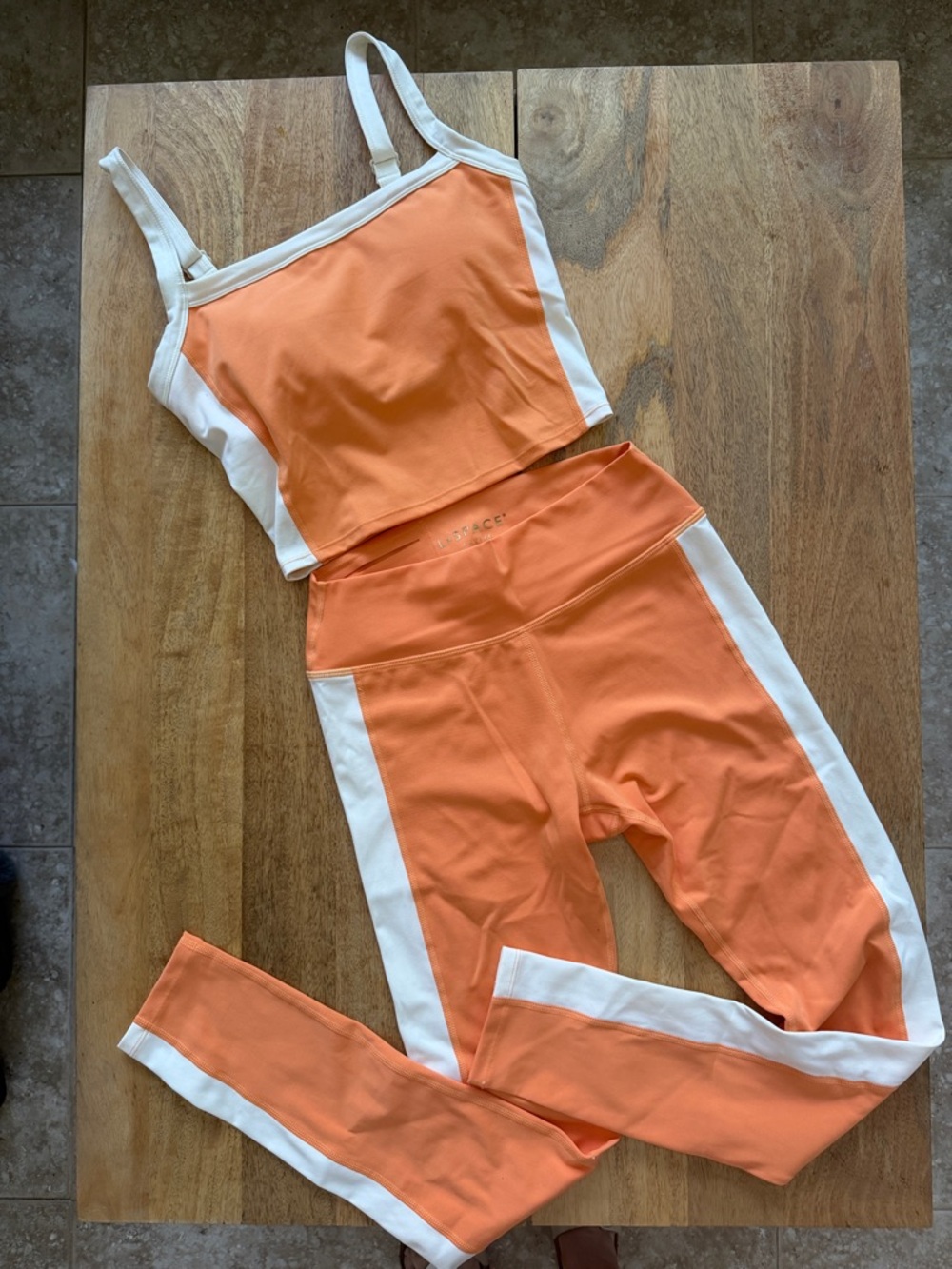 L SPACE Coral & White High-Waist Active Leggings with Matching Crop Tank